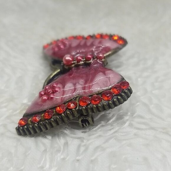 Vintage Butterfly Pink Swirl Pearl red Crystal Pin - Picture 3 of 10